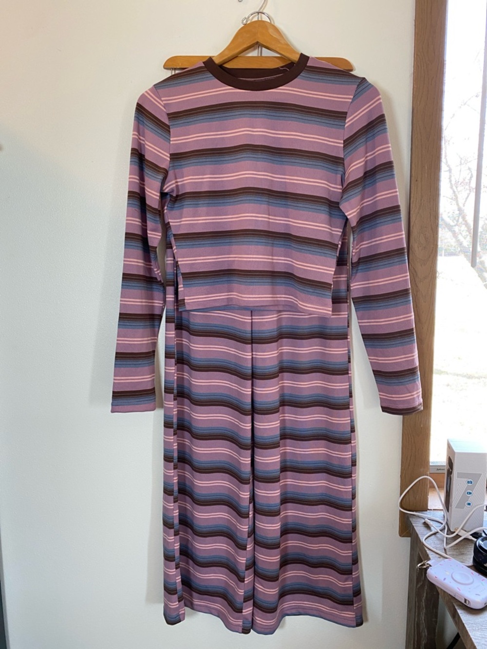 Cropped Long Sleeve Striped Top and Bottom Set in Lavender, Blue & Brown